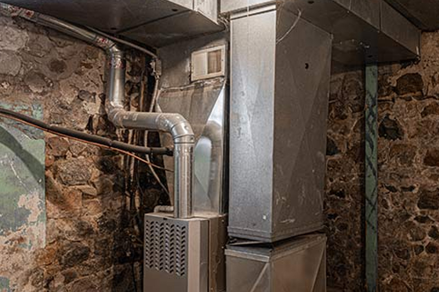 An aging furnace with metal ductwork in a rustic basement.