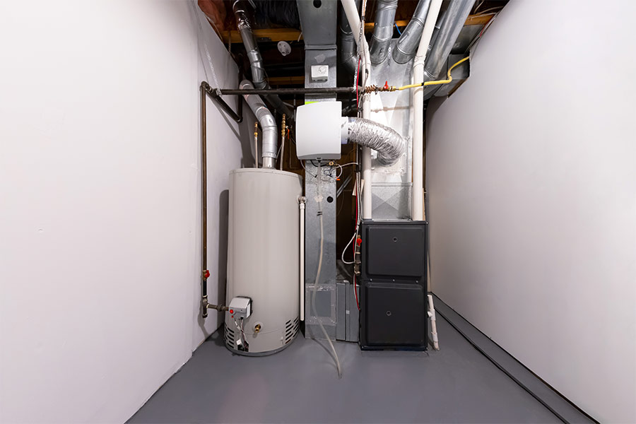 Basement with a water heater and HVAC system