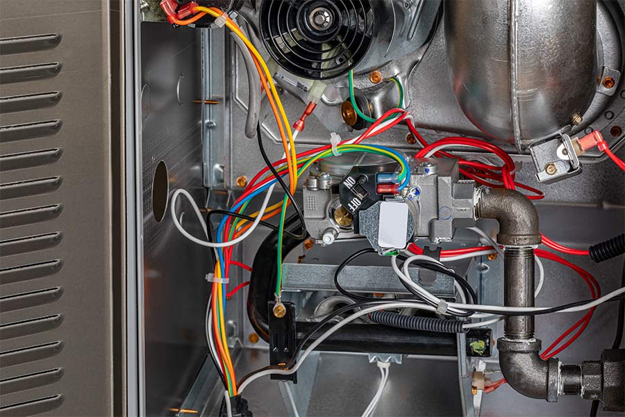 Interior components of a gas furnace showing wiring and gas connections